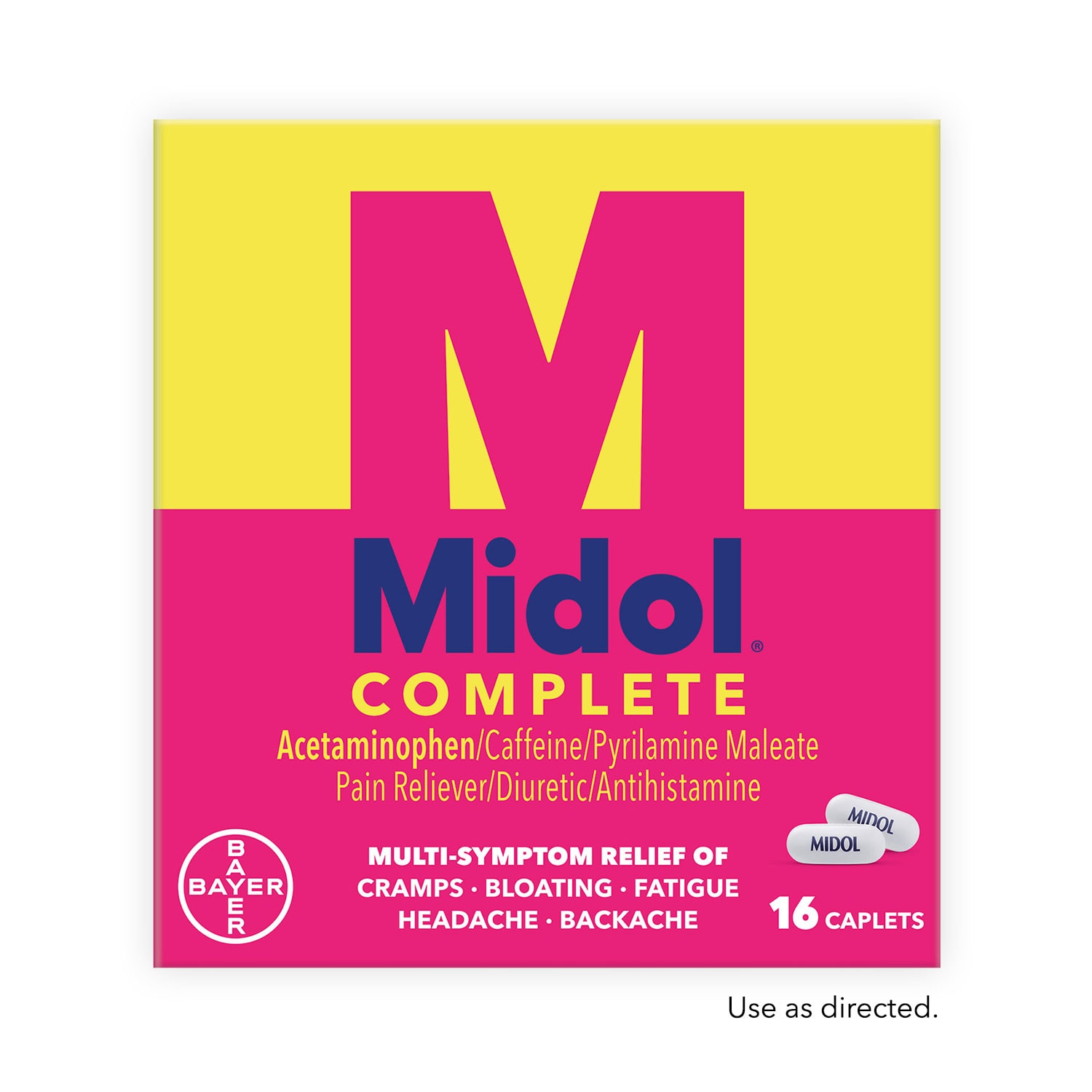 yellow and pink box of Midol complete medicine sixteen caplets