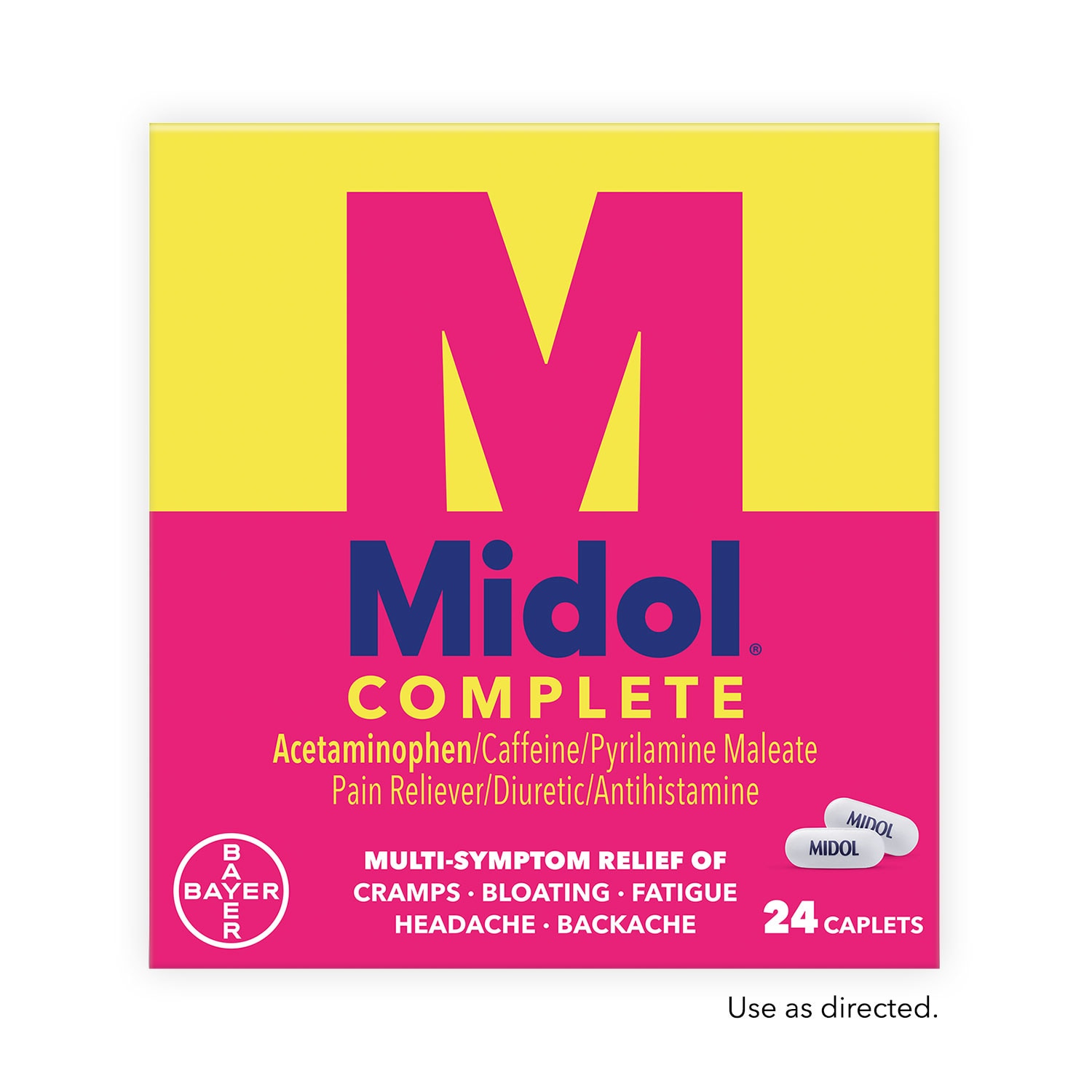 yellow and pink box of Midol complete medicine twenty four caplets