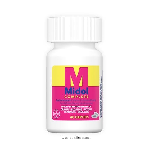 white bottle of Midol complete medicine forty caplets