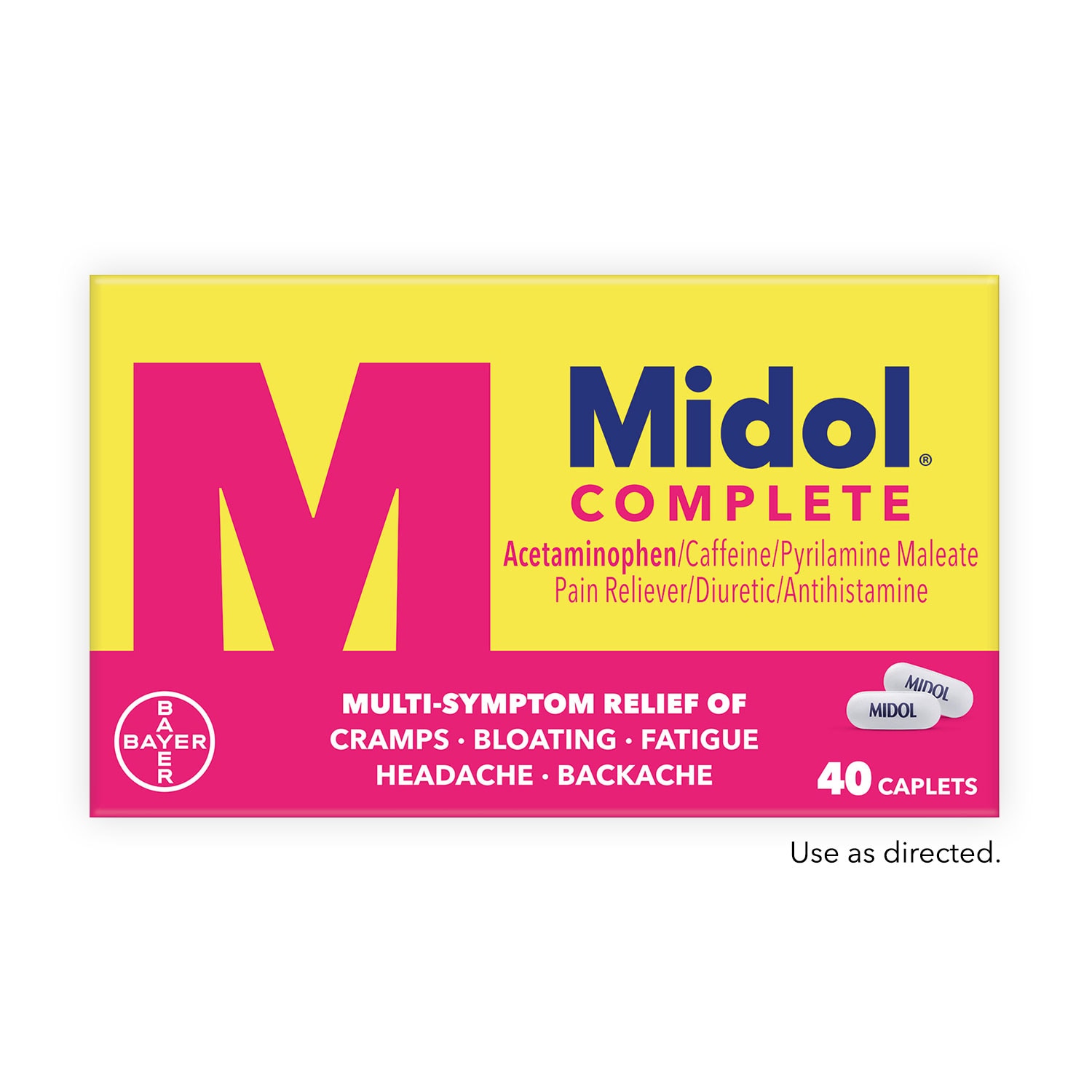 yellow and pink box of Midol complete medicine forty caplets