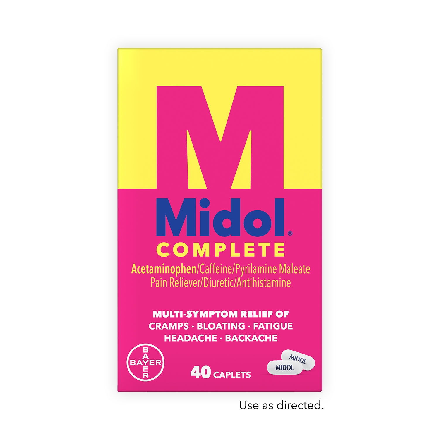 yellow and pink box of Midol complete medicine forty caplets