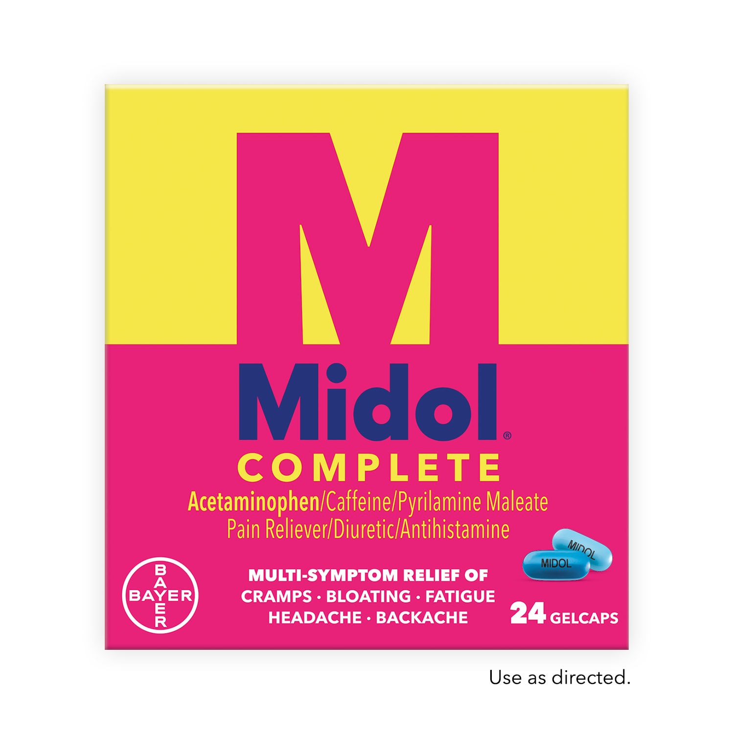yellow and pink box of Midol complete medicine twenty four gelcaps