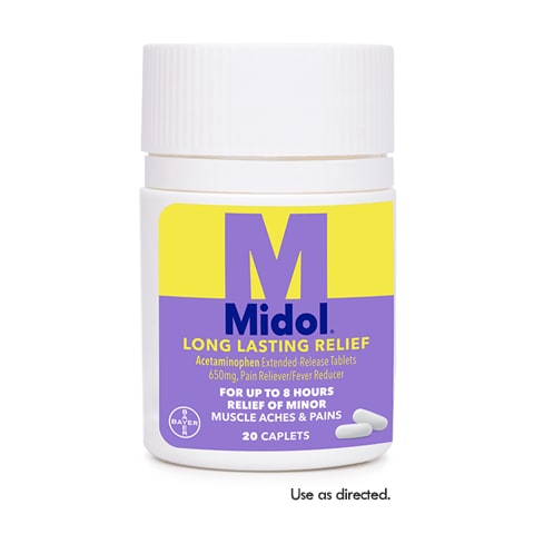 white, yellow and purple box of Midol® long lasting relief caplets