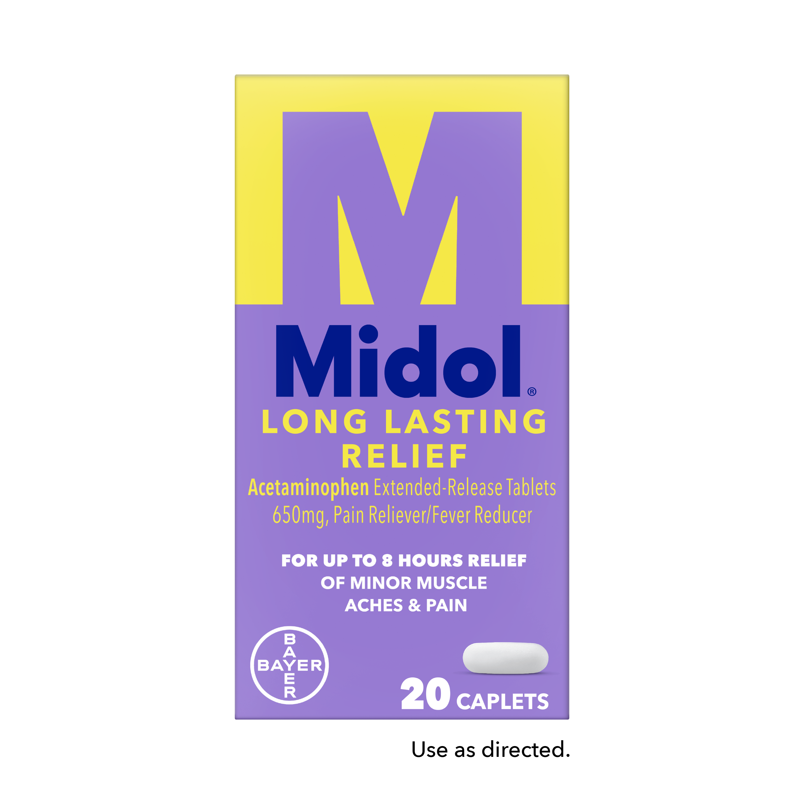 Yellow and purple box of Midol® Long Lasting Relief Acetaminophen Extended-Release Tablets 650mg, Pain Reliever/Fever Reducer for up to 8 hours relief of minor muscle aches & pain. The box contains 20 caplets and the text “Use as directed” displayed below the box.  