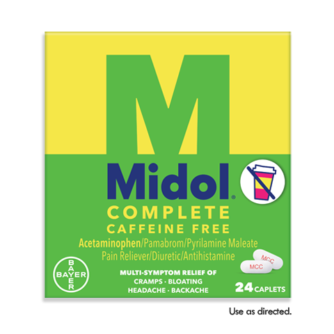 Yellow and green box of midol® complete caffeine free medicine 24 caplets