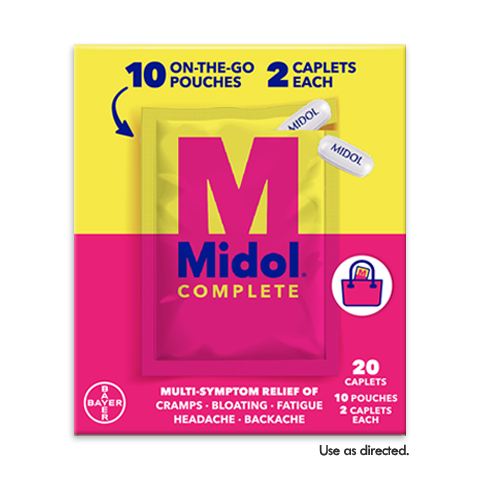 Yellow and pink box of 10 Midol® complete on-the-go medicine pouches