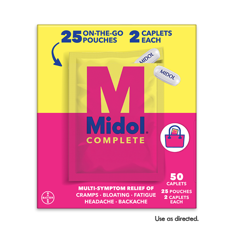 Yellow and pink box of 25 Midol® complete on-the-go medicine pouches