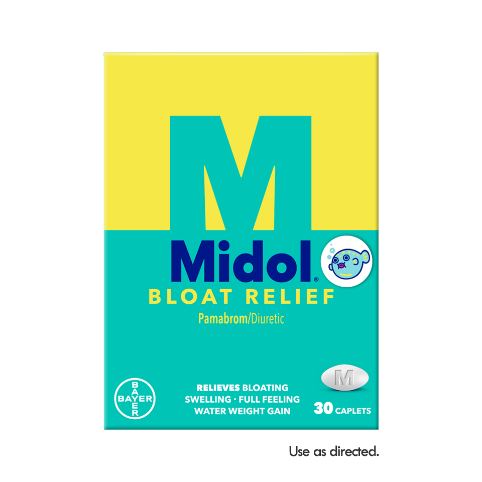Yellow and teal box of midol® bloat relief caplets