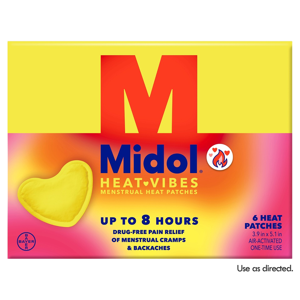 Yellow and pink box of Midol Heat Vibes box