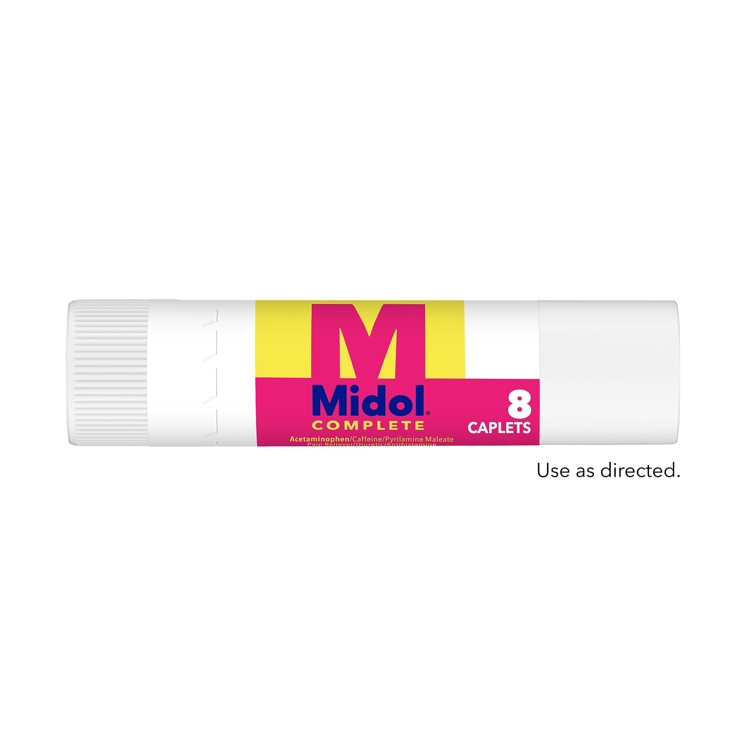 White bottle with pink and yellow label of Midol Complete Caplets.